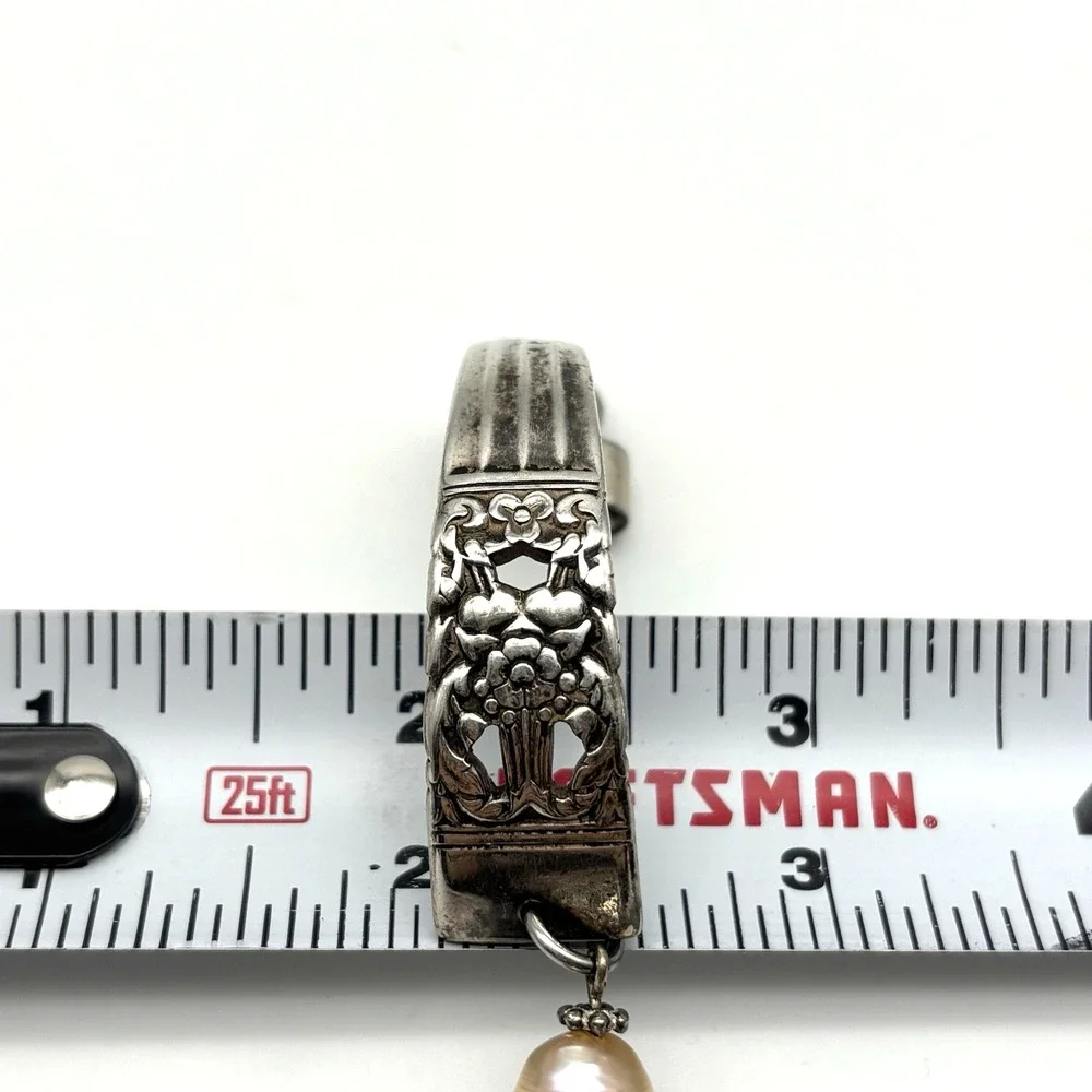 1950s Coronation Silver-plated Floral Spoon Bracelet w/ Freshwater Pearl 6.75
